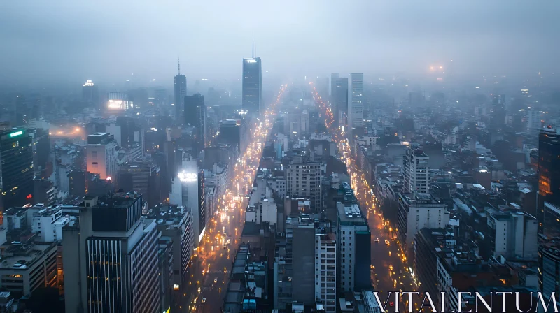 AI ART Misty Urban Skyline with Lit Streets