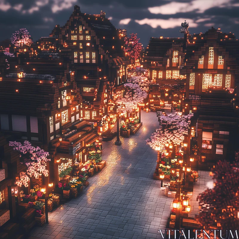 Quaint Lantern-Lit Village at Night AI Image