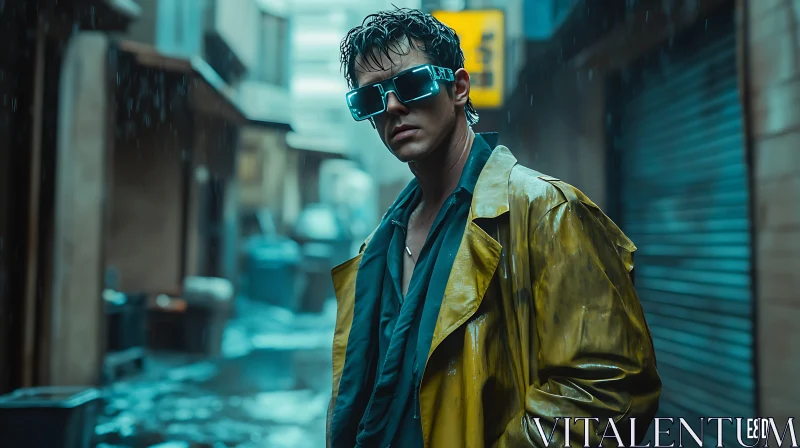 Cyberpunk Fashion in a Rain-soaked Alley AI Image