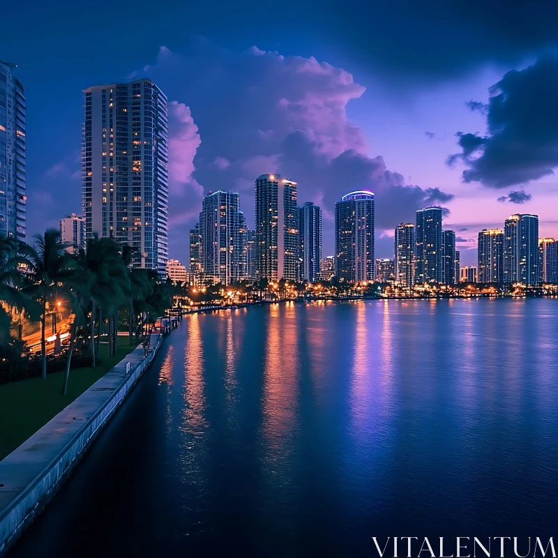 Night View of City Skyline and Reflective Waters AI Image