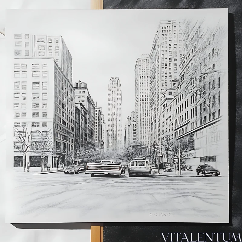 AI ART Black and White City Street Drawing with Skyscrapers