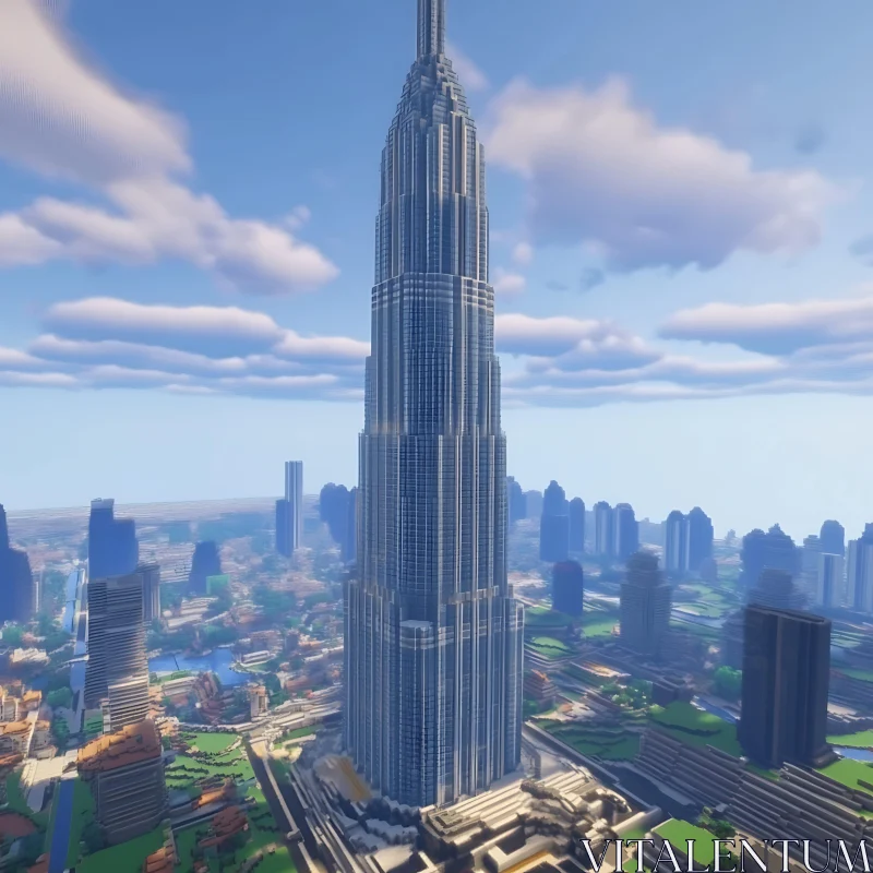 Towering Skyscraper in a Bustling Urban Environment AI Image