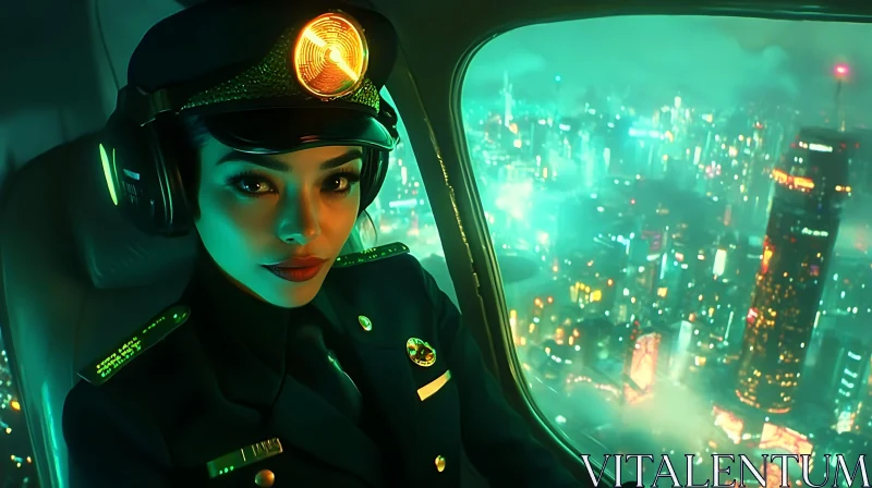 Future Urban Pilot with Neon City View AI Image