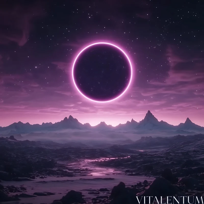 Mystical Pink and Purple Eclipse Over a Mountain Range AI Image