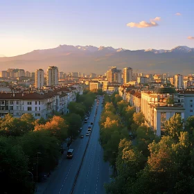 City Skyline During Golden Hour with Mountain View