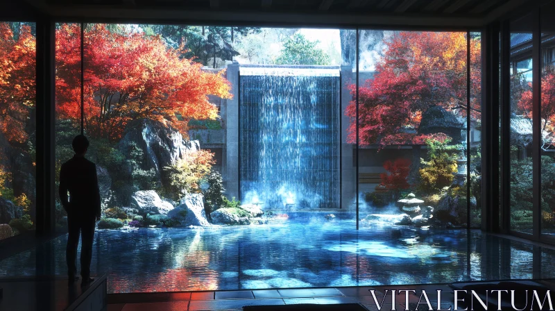 AI ART Tranquil Garden with Fall Foliage and Waterfall