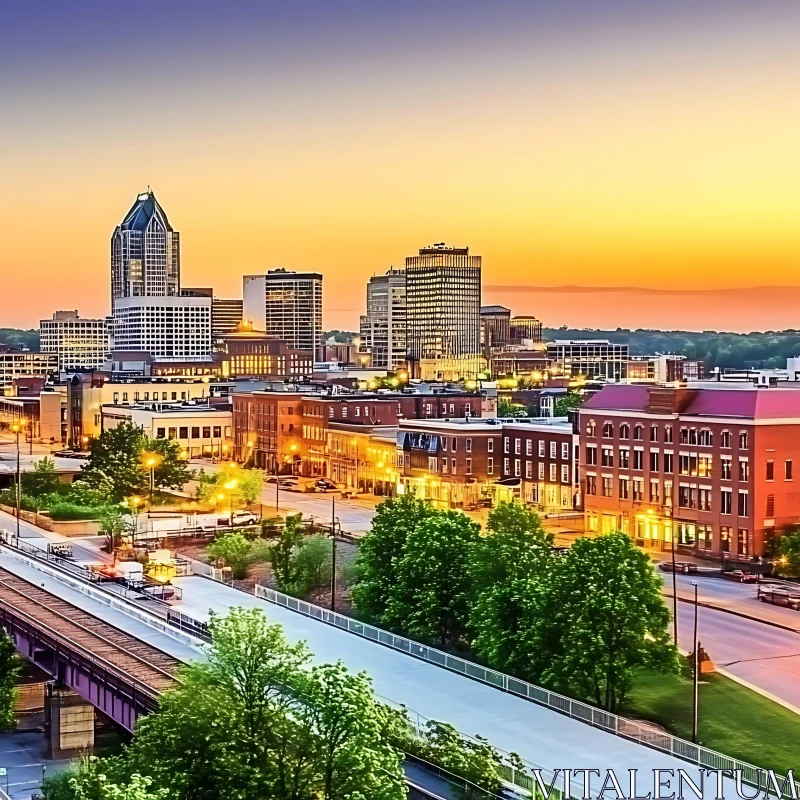 AI ART Sunset Over City Buildings with Evening Lights