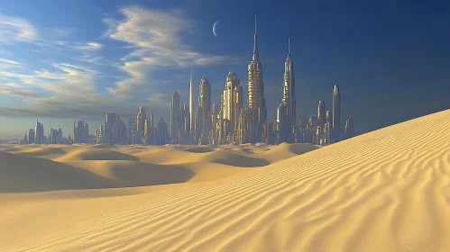 Sleek Skyscrapers and Golden Sand Dunes Under Twilight Sky