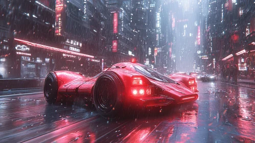 Cyberpunk Car in Rainy Neon City