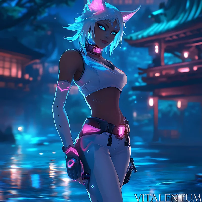 Glowing Eyes Anime Character in Cyberpunk Setting AI Image