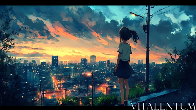 Sunset Over City in Anime Style AI Image