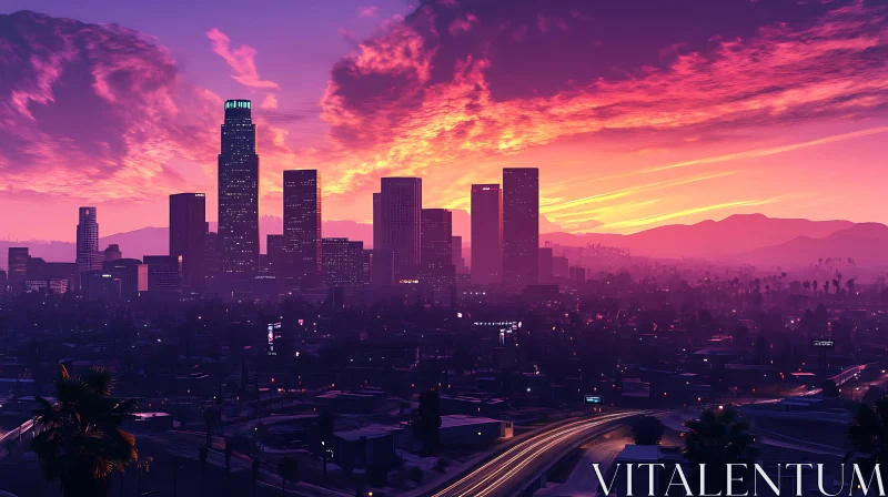 Cityscape at Dusk with Pink and Purple Sky AI Image