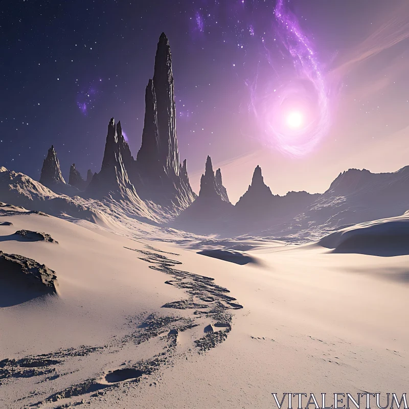 Surreal Desert with Purple Sky and Cosmic Feature AI Image