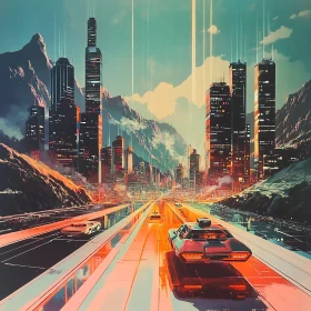 Neon-Lit Futuristic City with Mountains