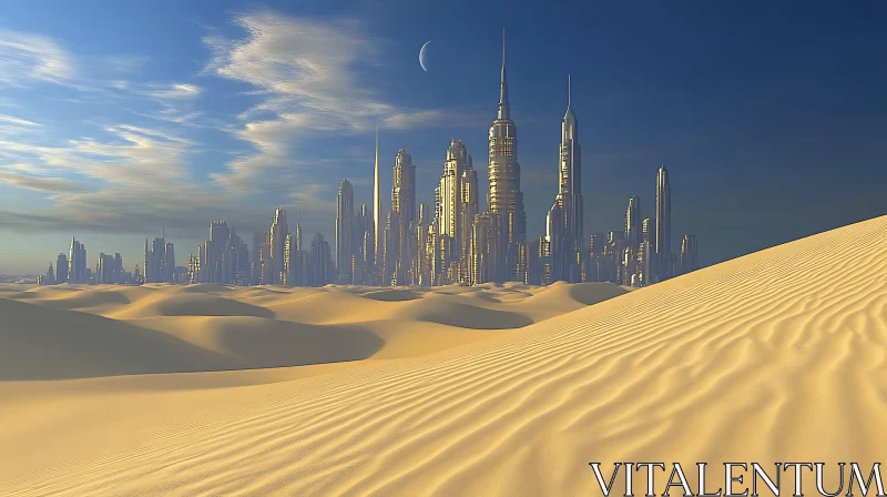 Sleek Skyscrapers and Golden Sand Dunes Under Twilight Sky AI Image