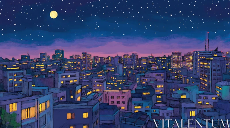 AI ART Urban Skyline at Night with Moon and Stars