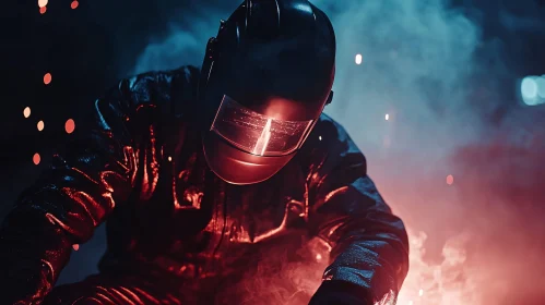 Industrial Welder Amidst Smoke and Sparks