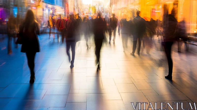 Evening Street Scene with Blurred Pedestrian Movement AI Image