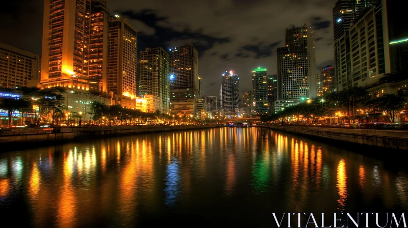 AI ART Illuminated Urban Skyline at Night with Reflective River