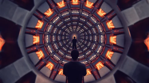 Man in Reflective Futuristic Tunnel