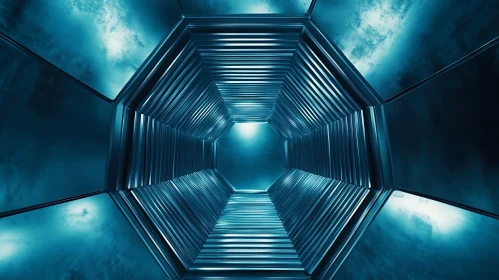 Blue Lit Hexagonal Tunnel Architecture