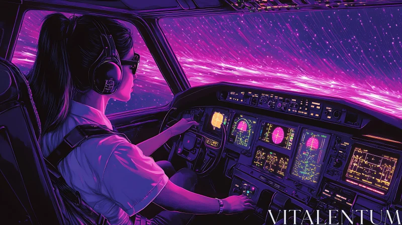 Female Pilot in an Advanced Aircraft with Neon Lights AI Image