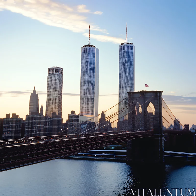 AI ART Morning Cityscape with Iconic Twin Towers and Bridge