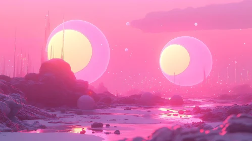 Fantasy Pink Terrain with Floating Light Spheres