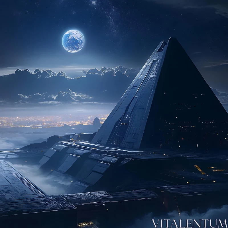 Night View of Futuristic Pyramid and Cityscape AI Image