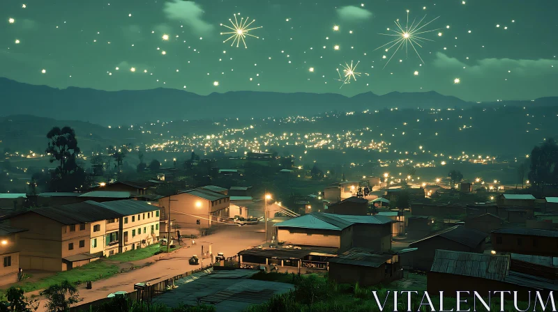 Village Night View with Fireworks Display AI Image