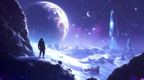 Alien Ice World with Astronaut and Mysterious Structures