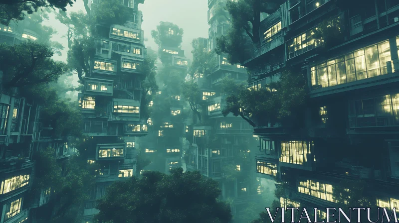 Ethereal Cityscape with High-Rise Buildings and Trees AI Image