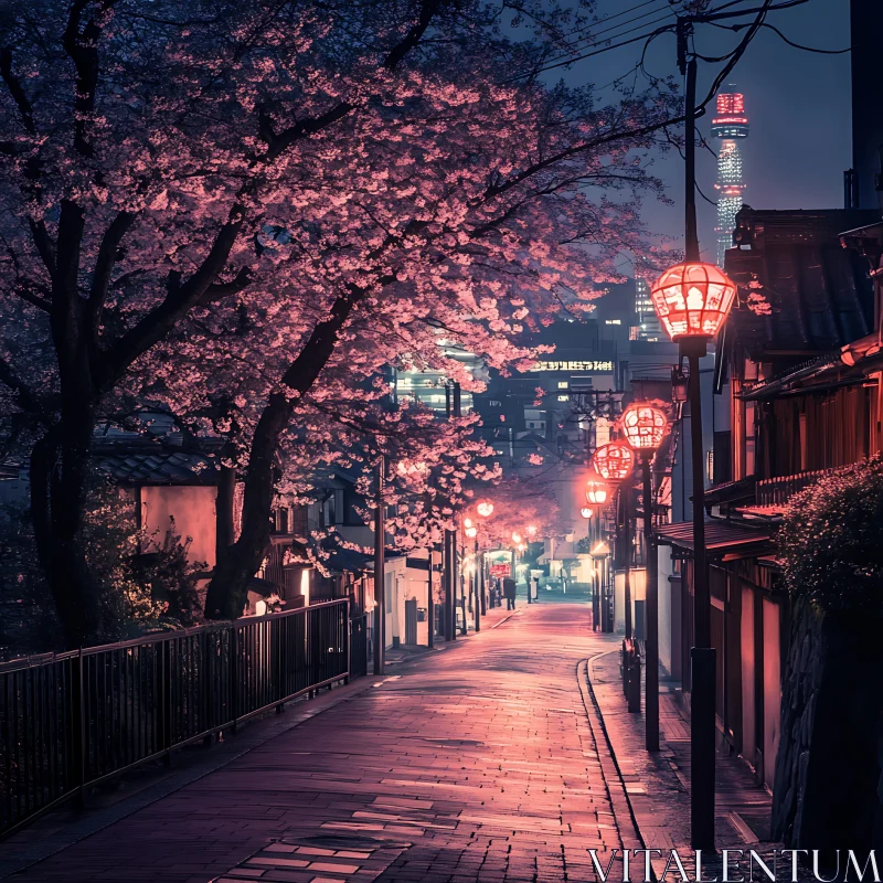 AI ART Nighttime City Street under Cherry Blossoms