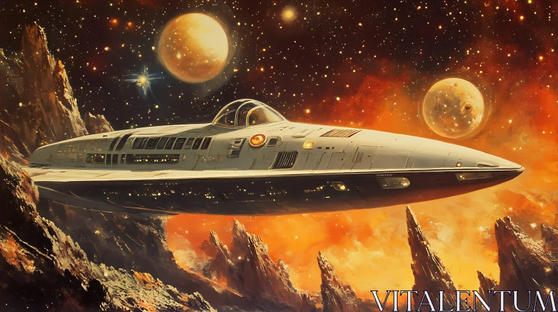 Sleek Spaceship Gliding Past Celestial Bodies in Space