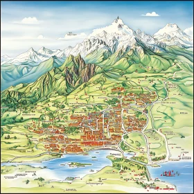 City and Mountainous Region Illustrated Map