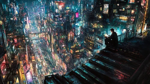 Futuristic Cyberpunk Cityscape with a Lone Observer