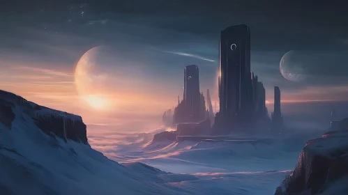Sci-Fi Towers in a Snowy Alien World