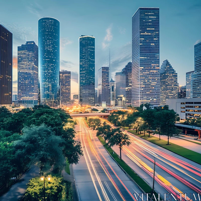 Urban Skyline at Twilight with Light Trails