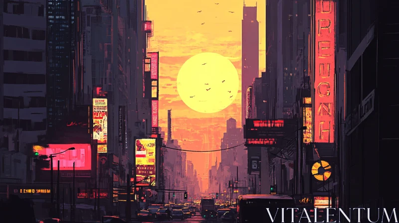 Urban Sunset with Traffic and Neon Signs