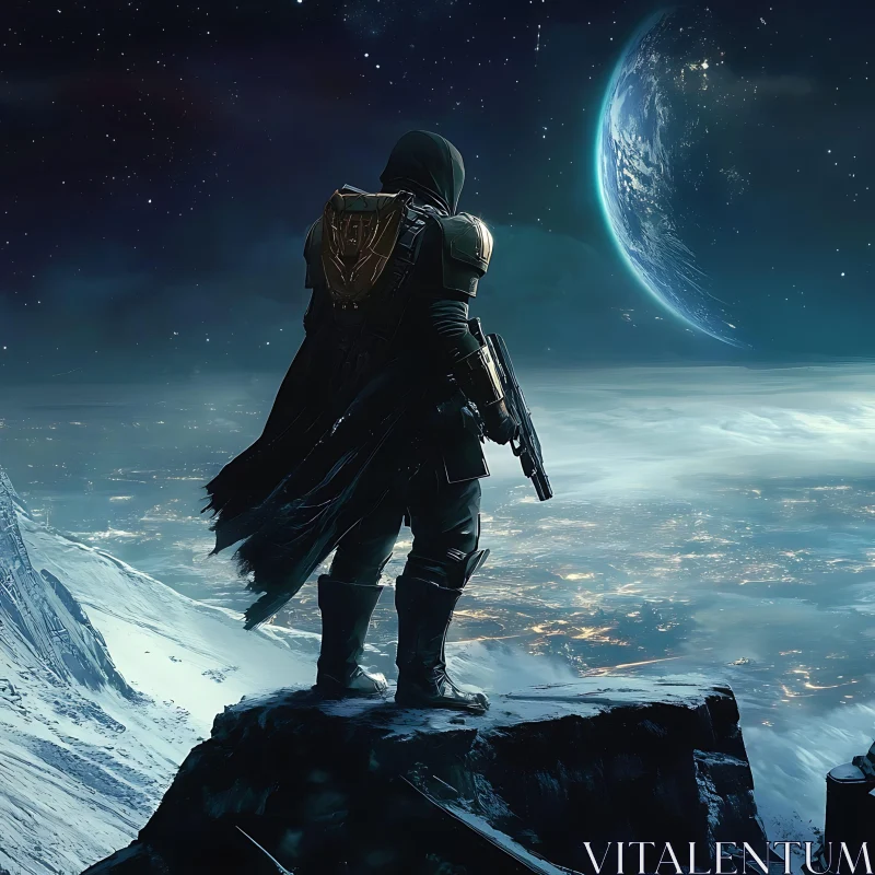 Lone Armor-Clad Figure on Cliff with Planetary View