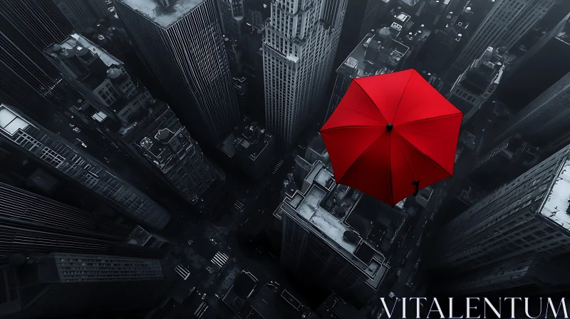Red Umbrella Amidst Urban Skyscrapers