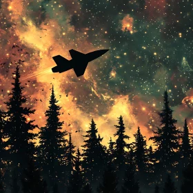Surreal Rocket Flight Over Forest