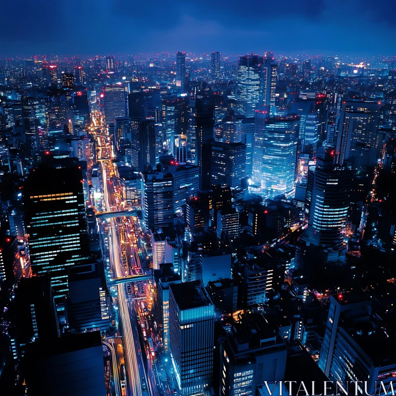 Urban Nightscape with Illuminated Skyscrapers
