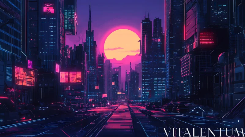 Neon Lit Futuristic City at Sunset