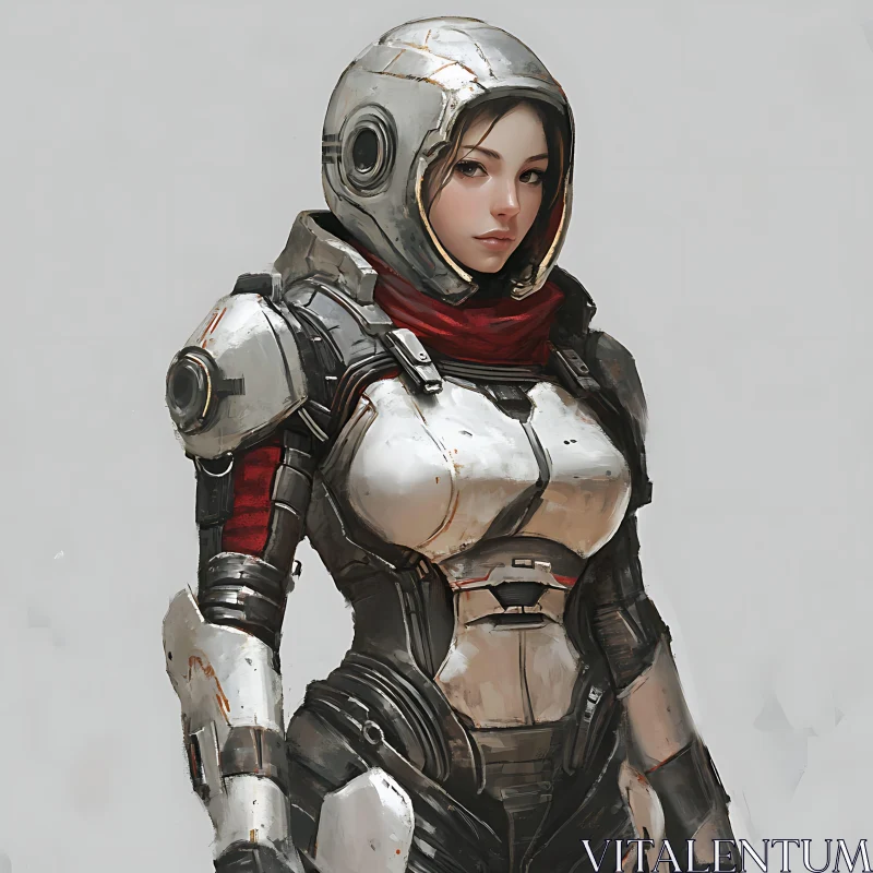 Armored Female Cyborg with Red and Black Accents AI Image
