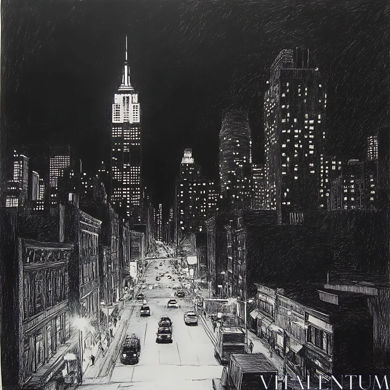 Urban Night Scene with Gleaming Architectural Highlights