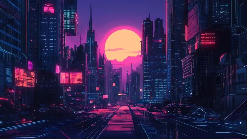 Neon Lit Futuristic City at Sunset