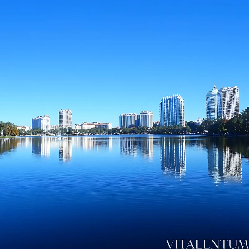 Cityscape Reflected in Calm Lake Water