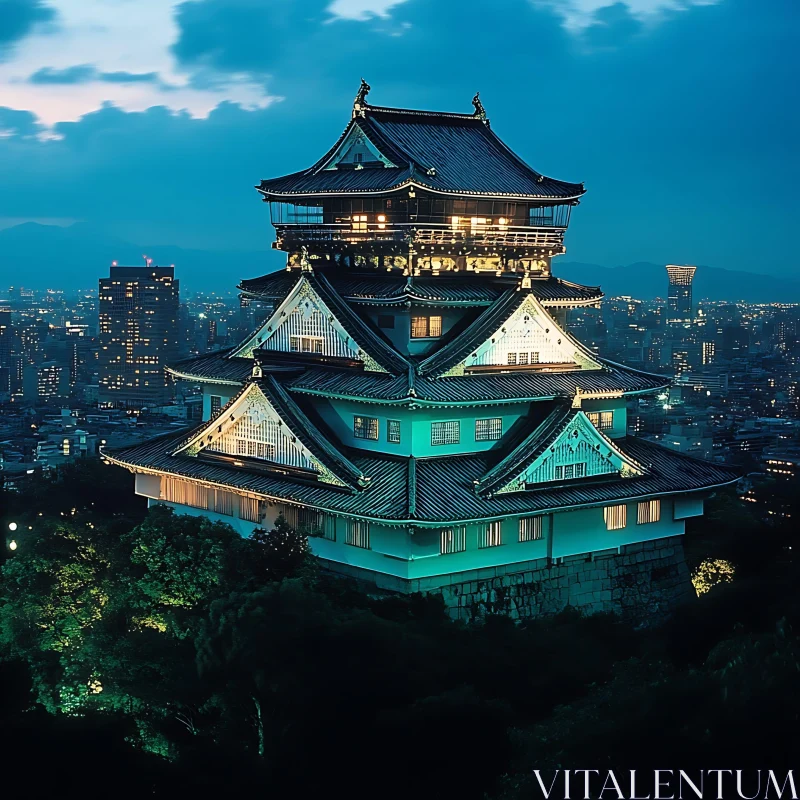 Traditional Japanese Castle Glowing in the Night