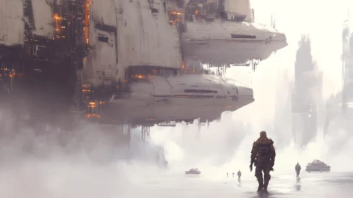 Spaceship in Foggy Dystopian Future